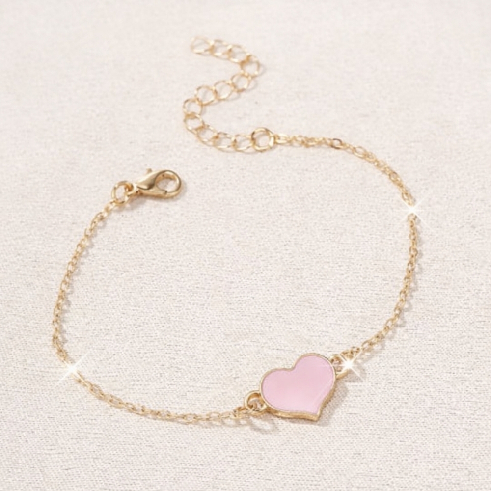 Dainty Pink Heart Charm Gold-tone Bracelet